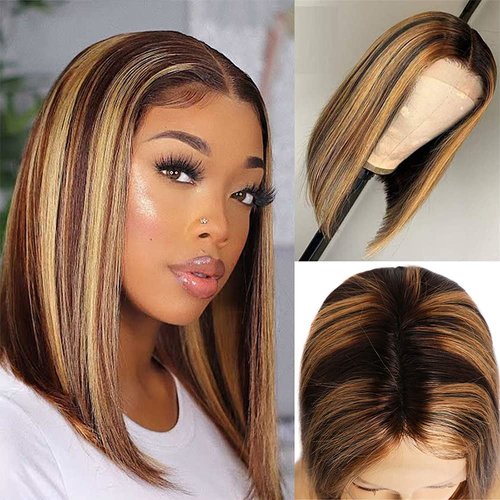 12Inch Ombre Blonde Human Hair Wig Short Bob Highlight Human Hair Wigs 4×1 T Middle Part Lace Closure Ombre P4/27 Human Hair Wig for Black Women