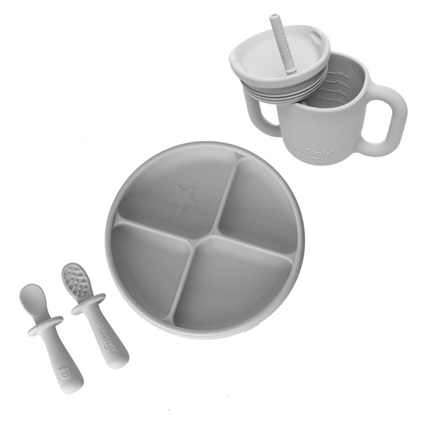 TalkTools Itsy Baby Utensil Set – Silicone Training Cup, Plate and Twin Spoon Pack for Toddlers| Infant First Food Self Feeding Silicone Training Set (Cloud)