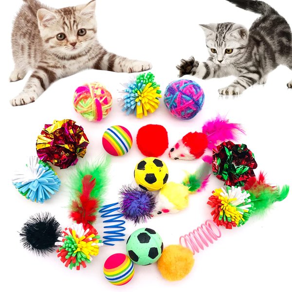 PET SHOW 20Pcs Cats Toys Interactive Kitten Ball Toys Assortments Variety Pack for Indoor Cats Mice Feather Sparkle Crinkle Ball Bells Spring