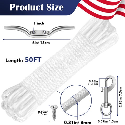 Anglekai 50FT/ 100FT Flag Pole Rope Line Kit, 5/16 in Flag Rope and Clips Kit Replacement with 4PCS Swivel Flag Pole Hook Clips/Cleat Hook (50FT)