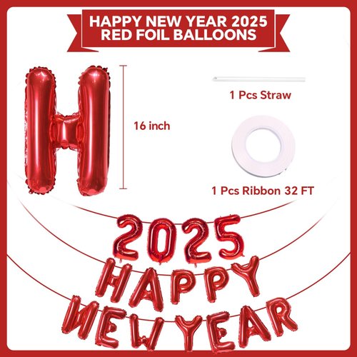 Red Happy New Year 2025 Balloons, 16 Inch 2025 Foil Number Balloons, 2025 New Years Decorations for New Years Eve Party Supplies 2025 New Years Eve Décor