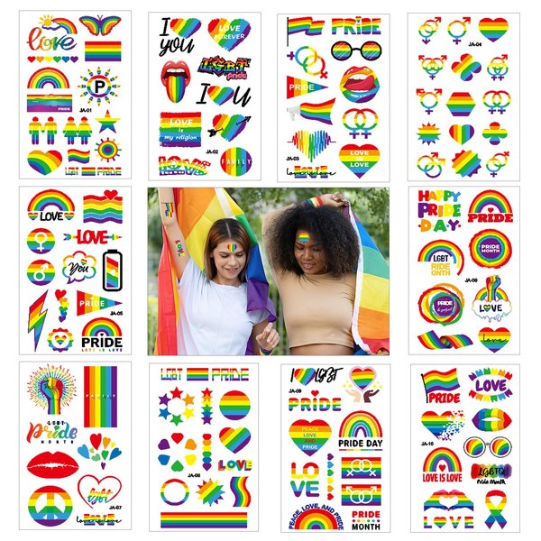 UPINS 420 Pcs Pride tattoos, 40 Sheets Pride Temporary Tattoos LGBT Rainbow Temporary Tattoos Stickers, Pride Parade Body Painting Party Celebration Personality Decoration Party Supplies