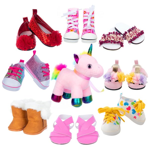 ZQDOLL 18 inch Doll Accessories Include 8 Pairs of Doll Shoes and Unicorn pet fit American 18 inch Dolls with Canvas Shoes, Boots, Sandals, Slippers