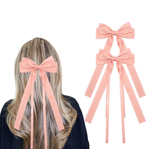 2PCS Hair Bows for Women Girls Pink Bow Hair Bow Clips with Long Tail Pink Hair Bows for Girls Hair Accessories for Women
