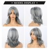 KRSI Grey Layered Wig Mix Gray and Black Natural Wave Hair Wigs for Women Shoulder Length Silver Wavy Wigs with Curtain Bangs Wigs 14inch Short Layered Gray Wig Short Synthetic Wigs for Black Women