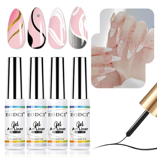 eodci Nail Art Liner Set 4 Pcs Black White Gold Silver Colors Paint Swirl Built Thin Brush in Bottle Soak off Led Lamp Gel Liner Nail Polish Manicure Set