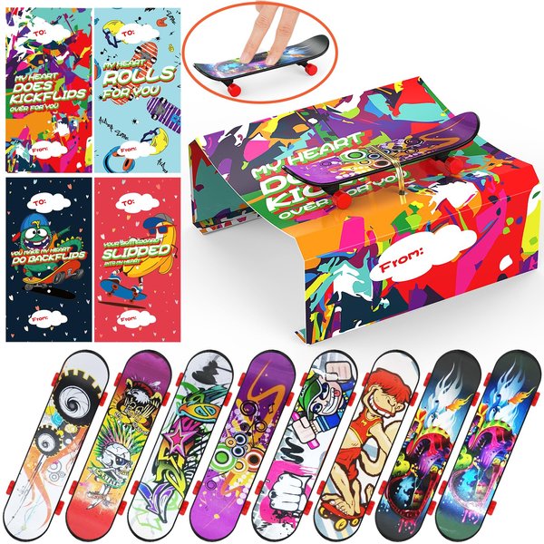 28 Pack Valentines Day Greeting Cards with Toys for Kids, Mini Fingerboard Valentine School Classroom Exchange Prizes for Students, Party Favors for Children's Birthday Gift (Finger Skateboards)