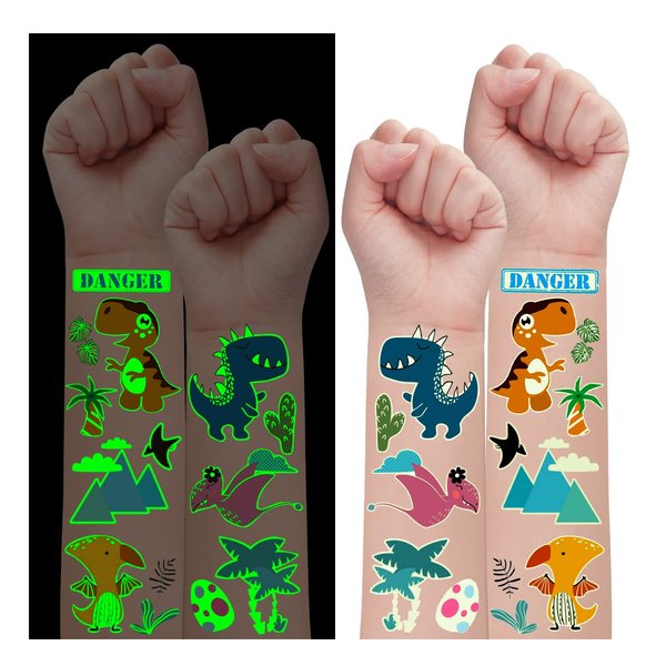 Partywind 245 Styles (30 Sheets) Luminous Dinosaur Temporary Tattoos for Kids Party Supplies, Glow Dinosaur Gifts for Birthday Party Favors, Toys Games for Boys and Girls