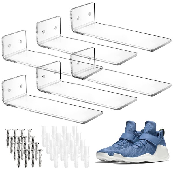 Youeon 6 Pack Floating Shoe Display Shelf, 8 x 3 Inch Acrylic Shoe Shelf for Wall, Floating Sneaker Shelves, Floating Shoe Shelves for Bedroom, Gaming Room, Sneaker Collection, Easy to Install