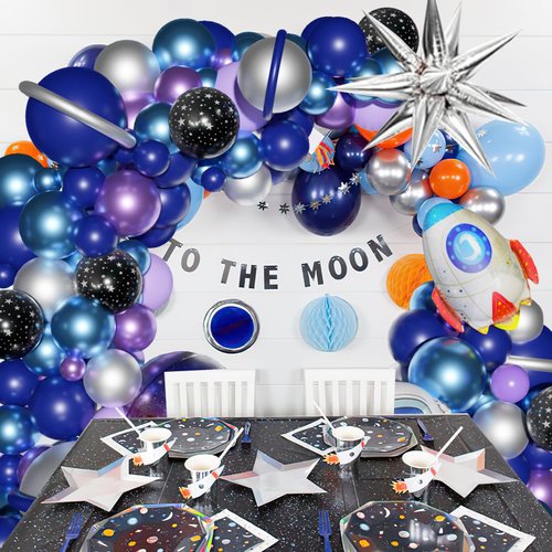 152Pcs Space Balloon Arch Kit 33" Rocket Astronaut Galaxy Foil Balloons 12" Metallic Navy Blue Purple Silver Balloons Space Party Decorations Garland Kit for Boys Outer Space Birthday Party
