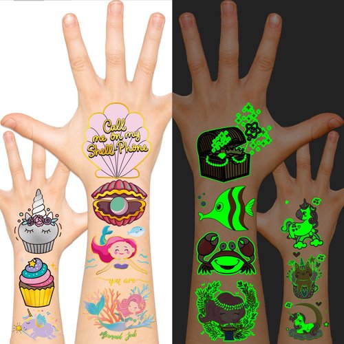 EMOME Temporary Tattoo - Glow + Metallic Glitter Style Tattoos for Kids Party Supplies, Temp Tattoos Sticker for Boys Girls, Birthday Party Favor Decorations Accessories (Girl)