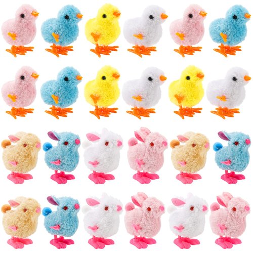 ZENFUN 24 Pcs Bunny Jumping Chick Wind Up Toys, Easter Chicken Plush Chicks Toys Hopping Windup Toy for Easter Egg Hunt Basket, Party Favors Gift, Not for Children Under 3 Years