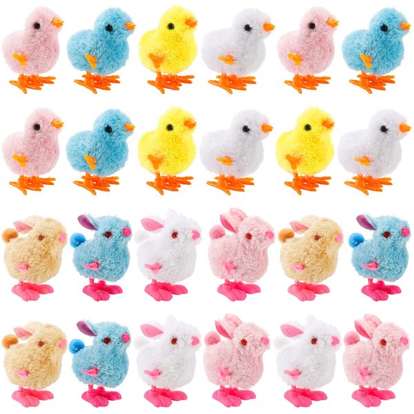 ZENFUN 24 Pcs Bunny Jumping Chick Wind Up Toys, Easter Chicken Plush Chicks Toys Hopping Windup Toy for Easter Egg Hunt Basket, Party Favors Gift, Not for Children Under 3 Years