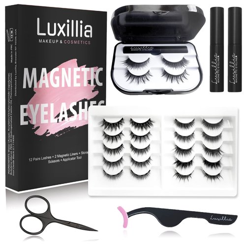 Luxillia Magnetic Eyelashes with Eyeliner 16 Piece Set, Most Natural Looking Magnetic Lashes Kit with Applicator, Best 8D, 3D Look, Reusable Fake Eye Lash, No Glue, Strongest Waterproof Liquid Liner