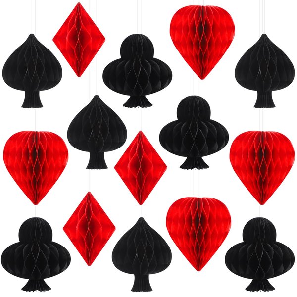 Tenare 24 Pcs Casino Theme Party Decorations Poker Paper Hanging Ornaments 3D Honeycomb hanger for Las Vegas Party Red Black poker Paper Ceiling for Las Vegas Casino Night Poker Party
