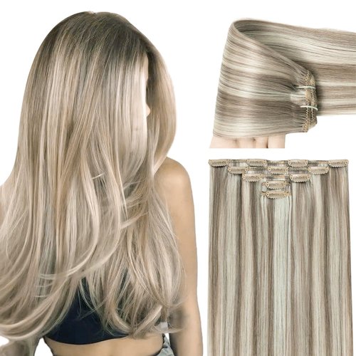Clip in Hair Extensions Real Human Hair Ash Brown Highlights Platinum Blonde Remy Brazilian Clip on Human Hair for Women Invisible Double Weft 14 Inch Natural Silky Straight Clip ins Hair 60G 5 PCS
