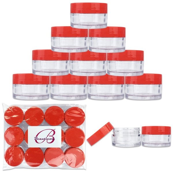 Beauticom 20 gram/20ml Empty Clear Small Round Travel Container Jar Pots with Lids for Make Up Powder, Eyeshadow Pigments, Lotion, Creams, Lip Balm, Lip Gloss, Samples (12 Pieces, Red)