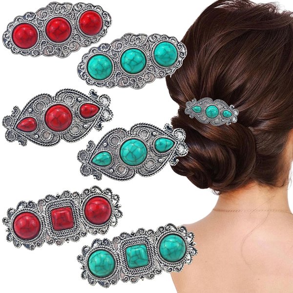 6 PCS Metal Western Hair Clips Snap Boho Hair Clips Artificial Turquoise French Hair Barrettes Vintage Turquoise Hair Accessories for Women Girls