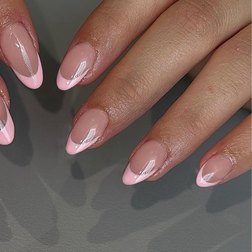 30 PCS Pink French Tip Press On Nails Short Almond,Medium Fake Nails French Nails Press ons,Oval Acrylic Nails Glue on Nails Medium,Natural Short Almond Nails False Nails for Women in 15 Sizes