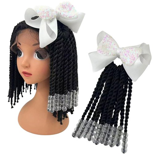 Kids Ponytail Hair Extension Braid Girls Braided Ponytail Hair Extension Clip On Go For Girls Beads,Black Hair Band & Bow Included,Detachable and Reusable (white)