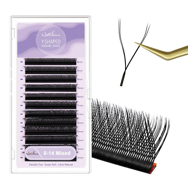 NATUHANA YY Eyelash Extension 0.10mm LU Curl 8-14mm Mixed Makeup Tray Lash Supplies Premade Fans Y Shape Volume Lash 12Raws/Case Premium Faux Mink False Lash Extensions (8-14 MIX, black ;0.10 LU)