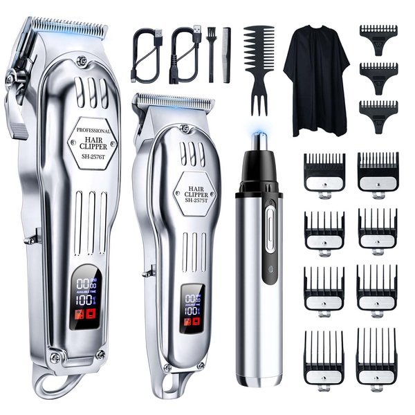 KIKIDO Hair Clippers Professional Cordless for Men, Barber Clippers for Hair Cutting Kit, Cordless LCD Display Hair Trimmers Set, Rechargeable Haircut Machine for Family (Sliver-3)