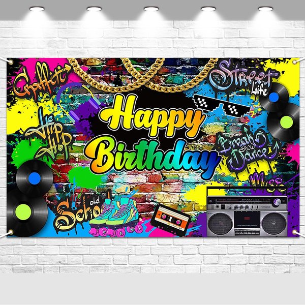 Avezano Hip Hop Birthday Party Backdrop Throwback Retro Birthday Banner Decor Graffiti 80's 90's Birthday Party Background 70.8 x 43.3 inch
