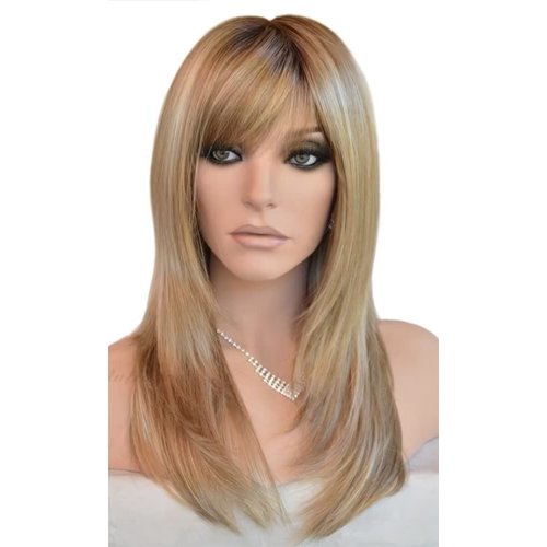Auflaund Long Straight Blonde Wigs Imported Synthetic Ombre Dark Root Layered High Dentistry Glazed Hair Replacement Wigs for Women with Inclined Bangs 22 Inches (T/Blonde)