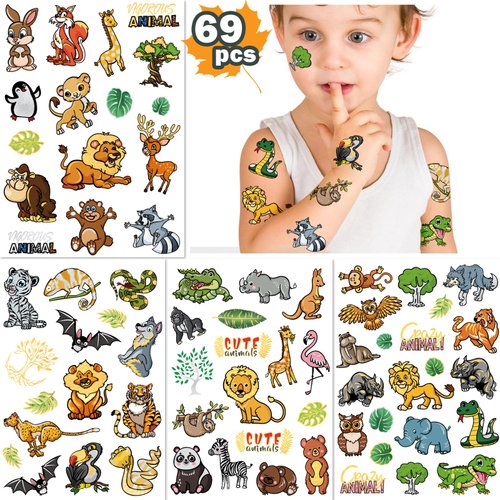 69 PCS Jungle Temporary Tattoos for Kids, Groovy Metallic Style Zoo Fake Tattoo Stickers for Safari Party Decor, Lion King Monkey Tattoos for 4 5 6 Years Old Boys Girls Birthday Supplies Baby Shower