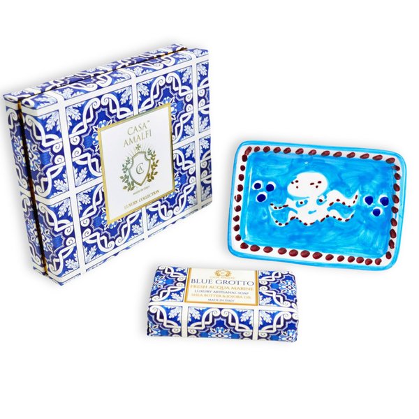 MY ITALIAN DÉCOR Natural Soap Bar and Soap Bar Holder Gift Set, Vegan, Shea Butter & Jojoba Oil, Gluten Free, Organic Ingredients, Cruelty Free, Made In Italy (Acqua Marin [octopus])