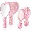 Thyle 4 Pcs Rhinestone Handheld Mirror and Bling Hair Brush Set 2 Cute Heart Shaped Mirror 2 Wet and Dry Hair Brush for Women, Girls Bride, Bridesmaid Gift(Pink)