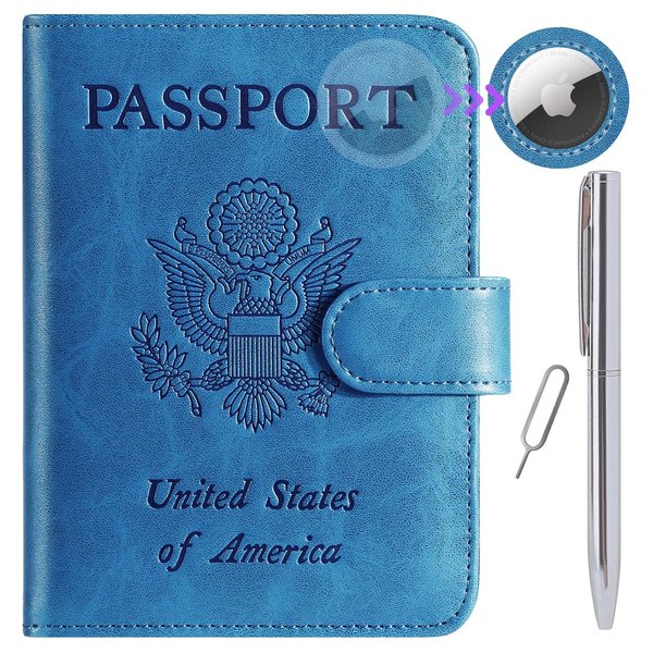 Airtag Passport Holder Cover Wallet RFID Blocking Leather Case Travel Essentials Luggage Accessories Travel Must Have(118#Blue)
