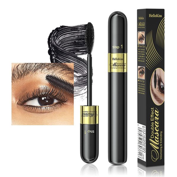 2-1 Long-Lasting Mascara Black, Tubing Mascara Waterproof, Smudge-Proof, Volumizing and Lengthening for Eye Makeup, No Clumping, Curling Eyelashes, Vegan & Cruelty Free, Black, 2 Count