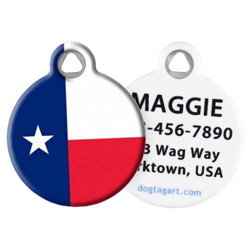 Dog Tag Art Texas Lone Star State Flag Personalized Pet ID Tag for Dogs and Cats, Silent Dog Tag with Customized Identification Information - Small .875" Diameter