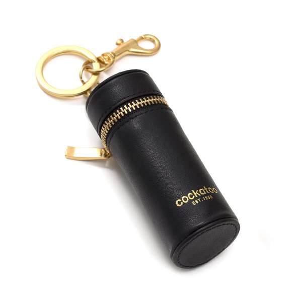 Cockatoo Nappa Leaeher Zipper Lipstick Case with Keychain Chapstick Holder Keyring (BLACK)