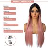 UREMY Long Straight Layered Synthetic Wig Ombre Pink 28 Inches Glueless Machine Made Realistic Non-lace Wig for Women Halloween Makeup Party Cosplay Heat Resistant Fiber