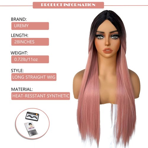 UREMY Long Straight Layered Synthetic Wig Ombre Pink 28 Inches Glueless Machine Made Realistic Non-lace Wig for Women Halloween Makeup Party Cosplay Heat Resistant Fiber