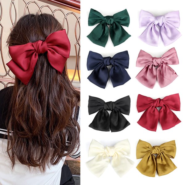 Bow Hair Barrette Clips Silky Satin Hair Clip for Women French Metal Clips Soft Plain Color Bowknot Hairpin Strong Holding Hair 90's Accessories 8 Pcs (Purple,Green,Yellow,Pink,Black,White,Red,Blue)