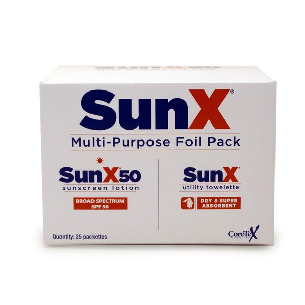 Sun X SPF 50+ Broad Spectrum Sunscreen Lotion Foil Pack Single Dose w/Attached Dry Towelette, 25 pcs