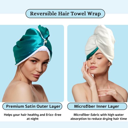Chloven Satin Microfiber Hair Towel Wrap for Women - Anti Frizz Hair Turbans for Wet Hair,Super Absorbent & Lightweight Hair Wrap Towels Hair Drying Towel for Curly Long Hair with Button
