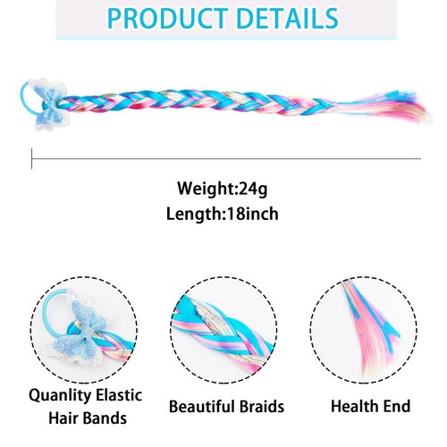 8 Pieces Colored Braids Hair Extensions with Rubber Bands Ponytails Hair Bows Rainbow Color Synthetic Hairpieces Glitter Braided Hair Extensions for Women Kids Girls Party Highlights Cosplay Dress Up