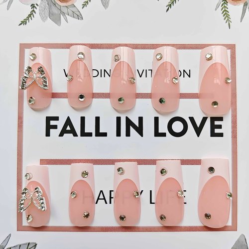 French White Tip Press on Nails Square Medium Fake Nails Acrylic False Nails with 3D Butterfly Designs Rhinestones Artificial Nails Pink Full Cover Nails Press ons Stick on Nails for Women 24Pcs