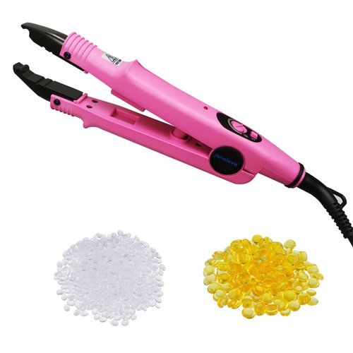 janelove Hair Extensions Iron, Fusion Keratin Hair Extensions, Heat Connector Wand, U Tip Hair Extensions Tools with 2 Bags Keratin Glue Granule Beads, 210°F-390°F Temperature Adjust, US Plug (Pink)