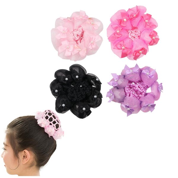4 Pcs Children's Hair Bun Nets, Colored Mesh Flower Hairnet Ballet Bun Snood Pearl Bow Ponytail Scrunchies Hair Styling Tool for Dancing, Skating