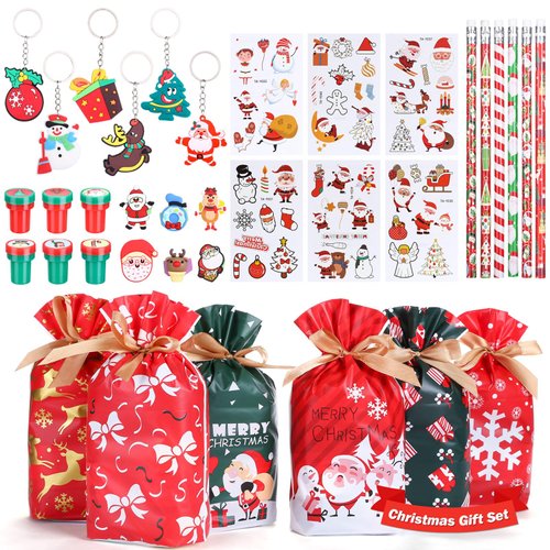 GWHOLE Christmas Party Favors Bulk, 36Pcs Drawstring Goodie Bags Christmas Gift for Classroom with Christmas Ink Stampers Key Chain Pencil Xmas Themed Rings for Kids Holiday Gift
