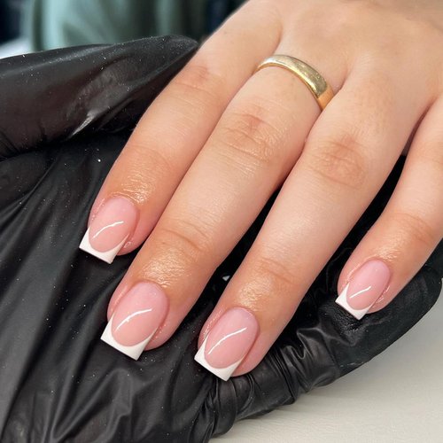 Bellelfin 24Pcs Short Press on Nails Square White French Tip Fake Nails,Glossy Pink Nails Short French False Nail Acrylic Glue on Nails for Women Girls Artificial Fingernails