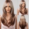 Doremiy Ombre Dark Brown Blonde Wig with Bangs Natural Medium Length Straight Wigs for Women Heat Resistant Fiber Synthetic Wigs for Daily Cosplay