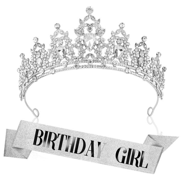 Birthday Crown Headband Birthday Sash Crowns for Women Tiaras for Women Silver Crown Birthday Girl Crown Birthday Tiara for Women Crystal Crown Birthday Sash and Crown for Birthday Party