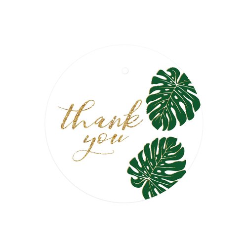 Andaz Press Round Circle Gift Tags, Faux Gold Glitter Monstera Palm Tree Leaves, Thank You, 24-Pack, Colored Party Favors and Decorations