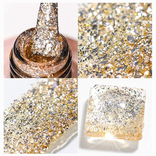 SUPWEE Gold Glitter Gel Nail Polish Sparkle Color Nail Polish Gel Diamond Gold Gel Polish Soak Off UV Gel Manicure Nail Salon Varnish Nail Art DIY At Home 10ML(0.33 Fl Oz)